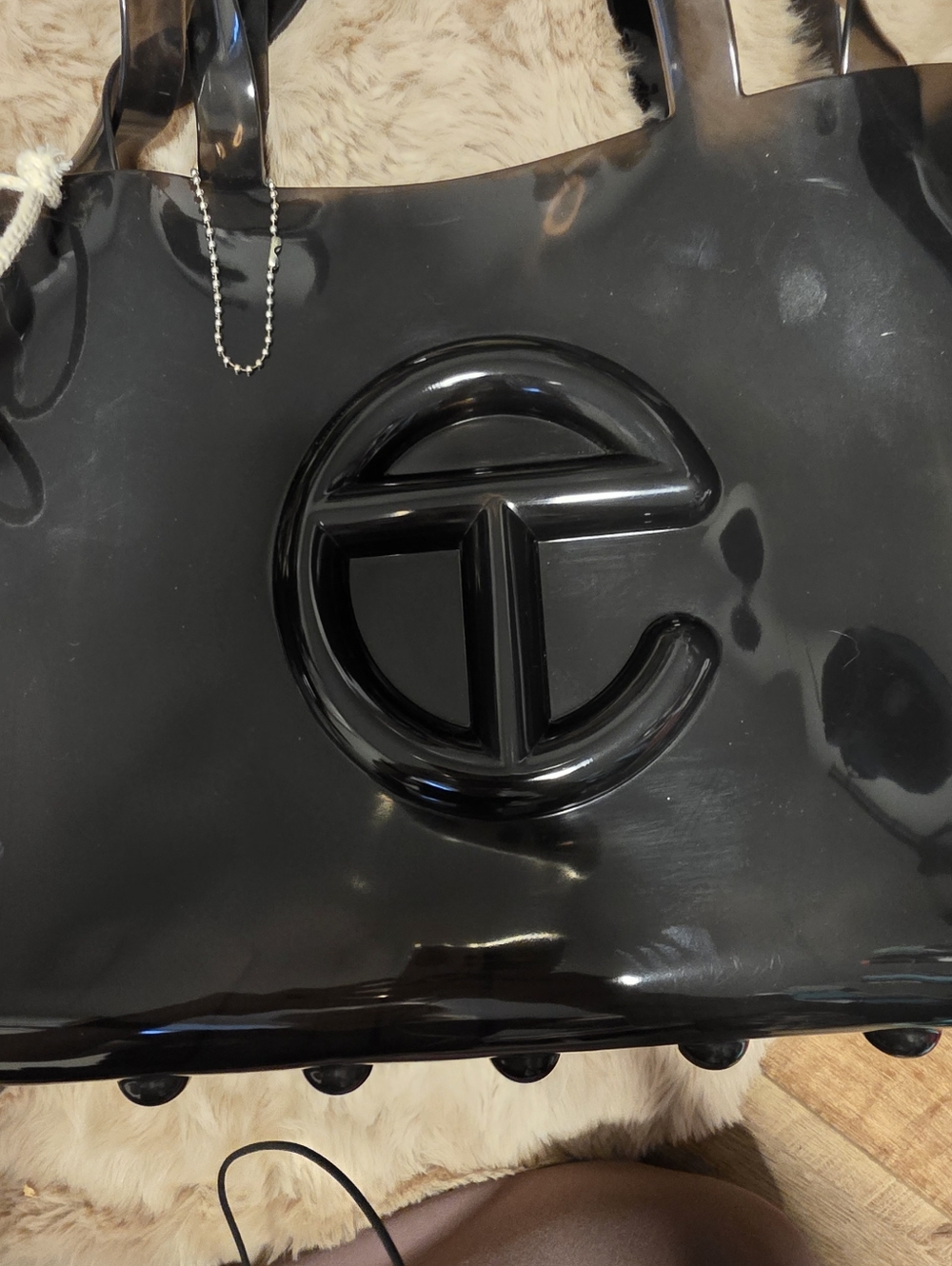 Melissa x Telfar Medium Black Jelly Bag Glossy Logo Tote Vegan Crossbody - Picture 3 of 13